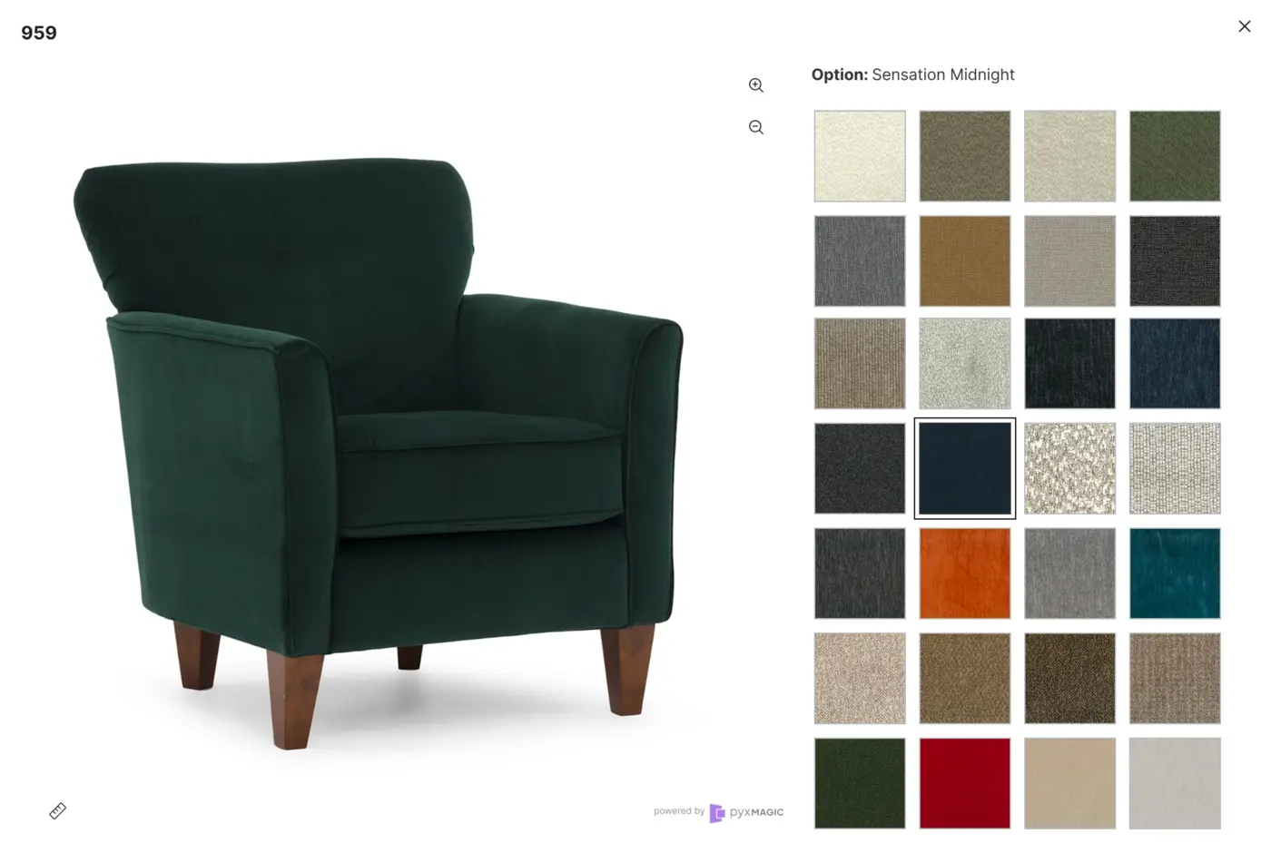 PyxMagic Draping modal showing a Stanton chair and a grid of selectable upholstery fabrics