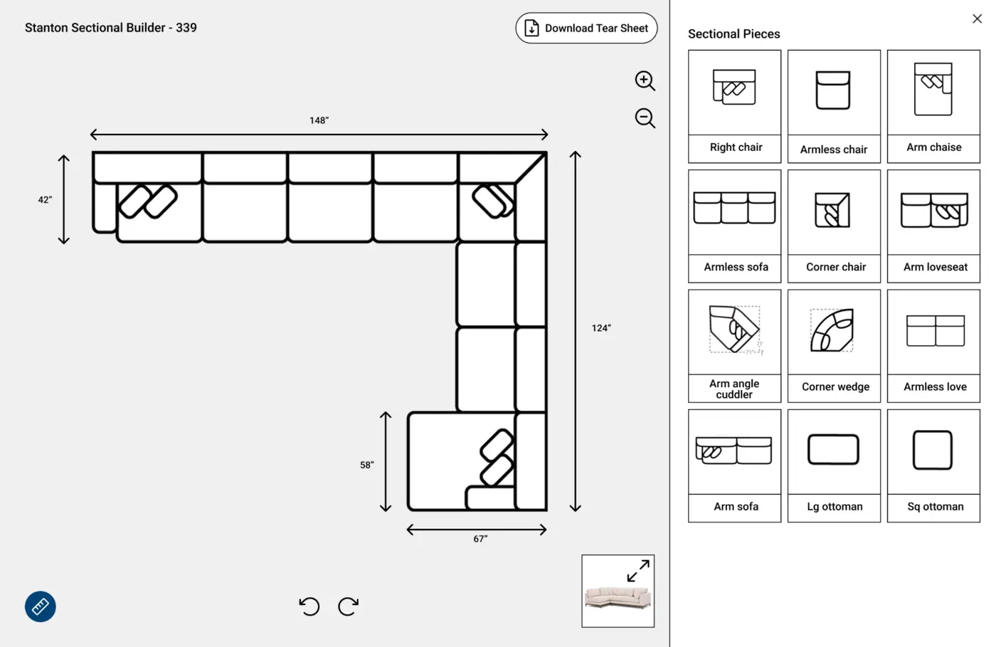Stanton Sectional Builder showing a configured sectional, dimensions, piece options, and tear sheet download