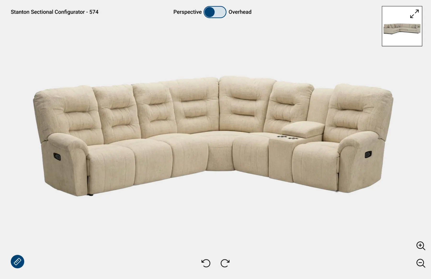 Photoreal perspective view of a configured sectional in PyxMagic Sectional Builder