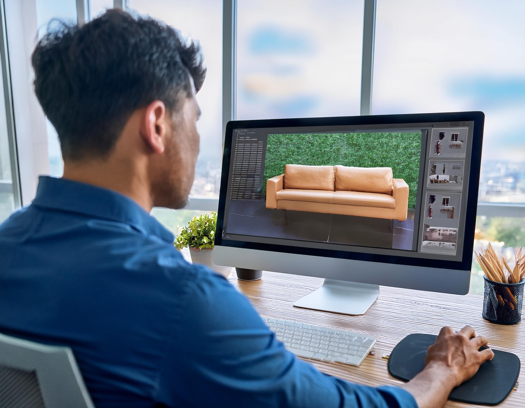 A man sitting at his desk editing an image of a sofa on his computer.