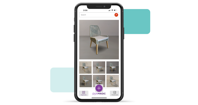 A mobile phone showing different AI generated backgrounds with the image of a chair