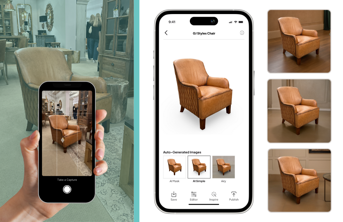 A photo taken on a mobile phone in a store of a leather chair is put into different AI generated backgrounds using PyxMagic.