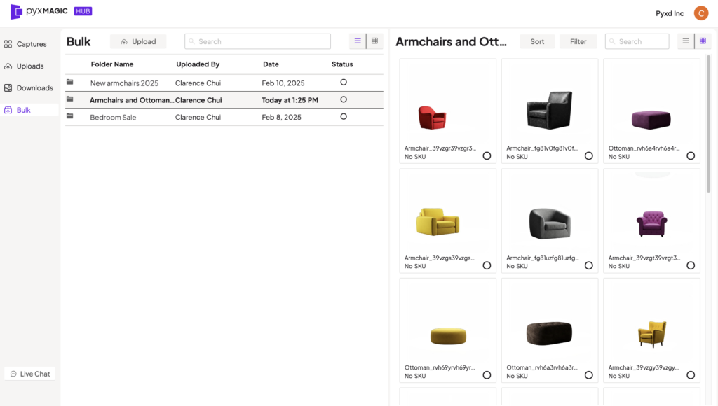 Screenshot of a bulk upload after processing, showing automatically masked images of furniture as silhouettes on a white background.
