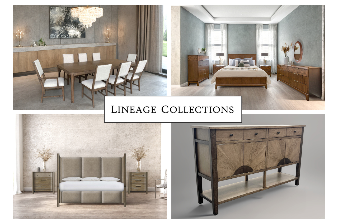 4 AI-generated images are shown on a grid with a Lineage Collections logo in the middle. The AI images show two bedroom sets and a dining room set in lifestyle enviornments, and a side table in an elevated silhouette style