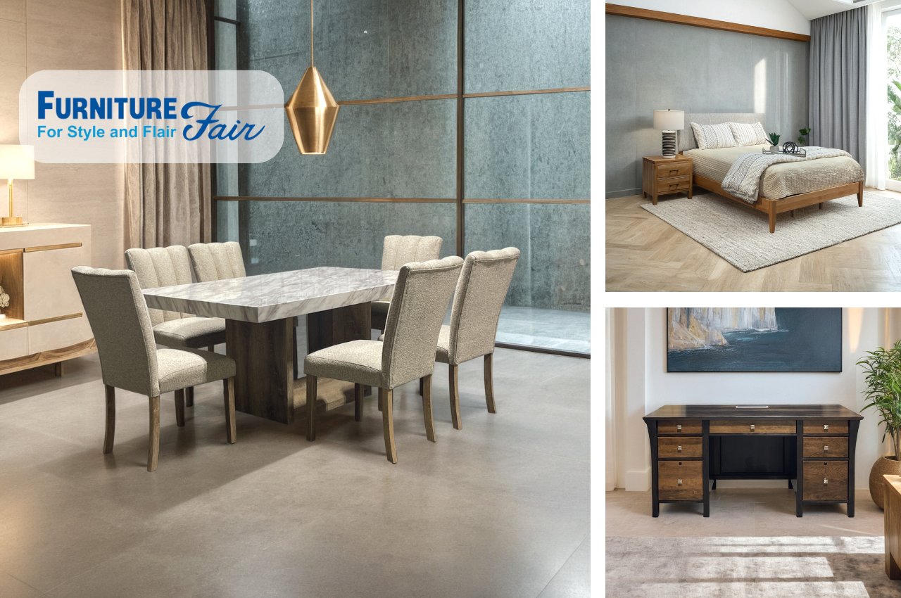 Furniture Fair logo with images of a dining table, desk and bed generated with different AI backgrounds placing the products in a stylish home environment