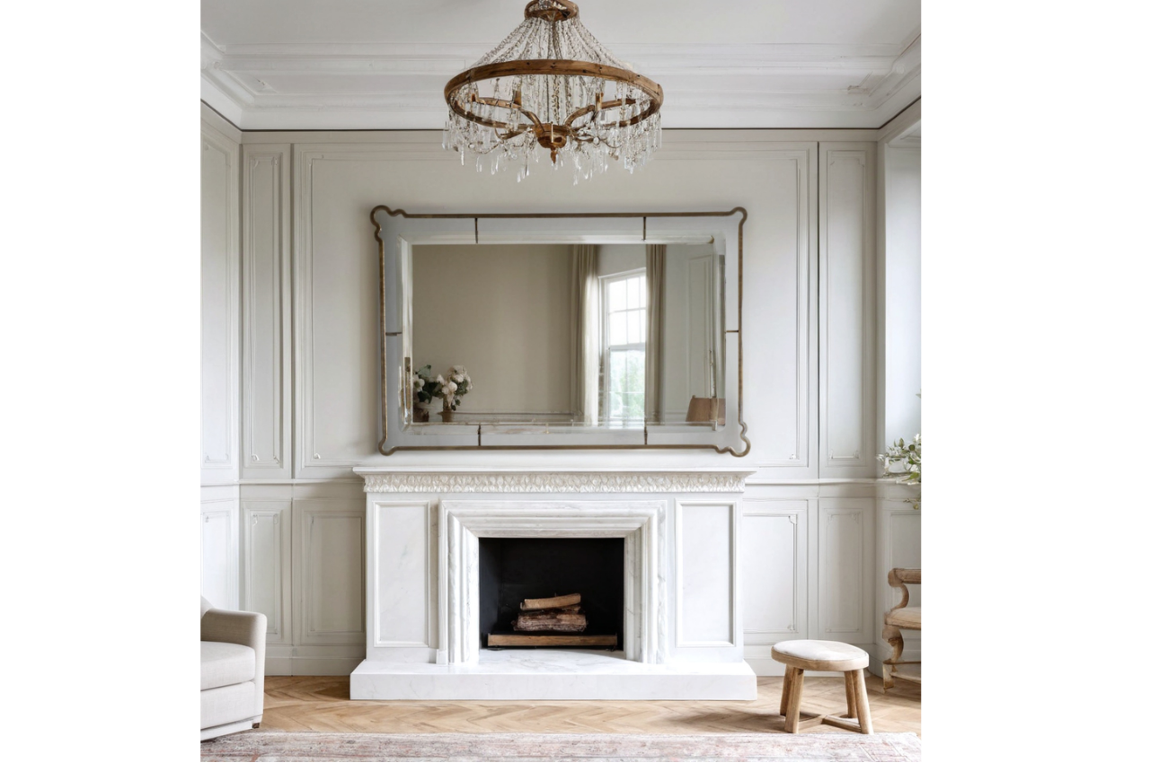 A mirror in a metal decorative frame is placed above a fireplace in a white living room environment. AI is used to transform the mirror gradient into a lifelike reflection of the interior enviornment.