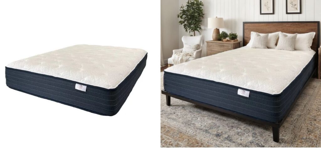 A side by side image of the same mattress. On the left, a mattress on a white background. On the right, the mattress has been placed on a bedframe and lightly styled using PyxMagic AI.