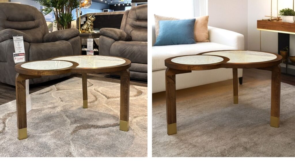 Two side by side images of the exact same coffee table. On the left, the original photograph taken in a crowded showroom. On the right, the coffee table is shown in a simple home environment.
