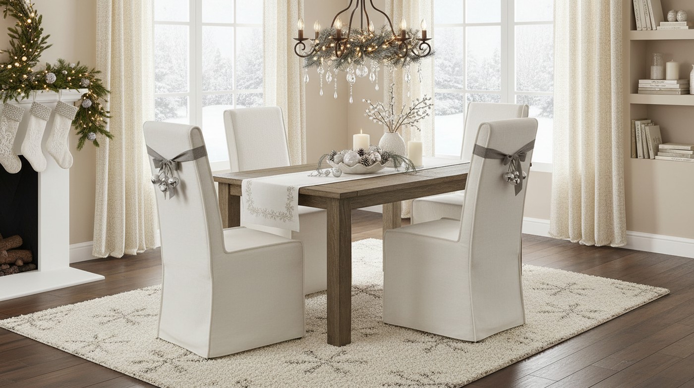 An AI generated image of a dining room set with white holiday decor and a wintery scene showing through the windows of a home.